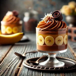 Elegante glaasjes met een laagje bananenpuree en romige chocolademousse, bestrooid met kokosschilfers en gegarneerd met een bananenschijfje en chocoladekrul, geserveerd op een rustieke houten tafel.