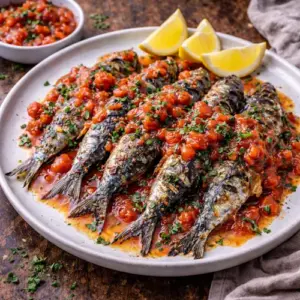 Barbecue Sardines met Tomatensaus op rustieke houten tafel