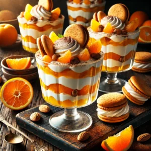 Sinaasappel-bitterkoekjestrifle in elegante glazen met lagen van bitterkoekjes, sinaasappelpartjes, abrikozenjam, vanillevla en slagroom, bestrooid met cacaopoeder, gepresenteerd op een donker rustieke houten tafel met decoratieve sinaasappelschijfjes en een muntblaadje in warm natuurlijk licht.