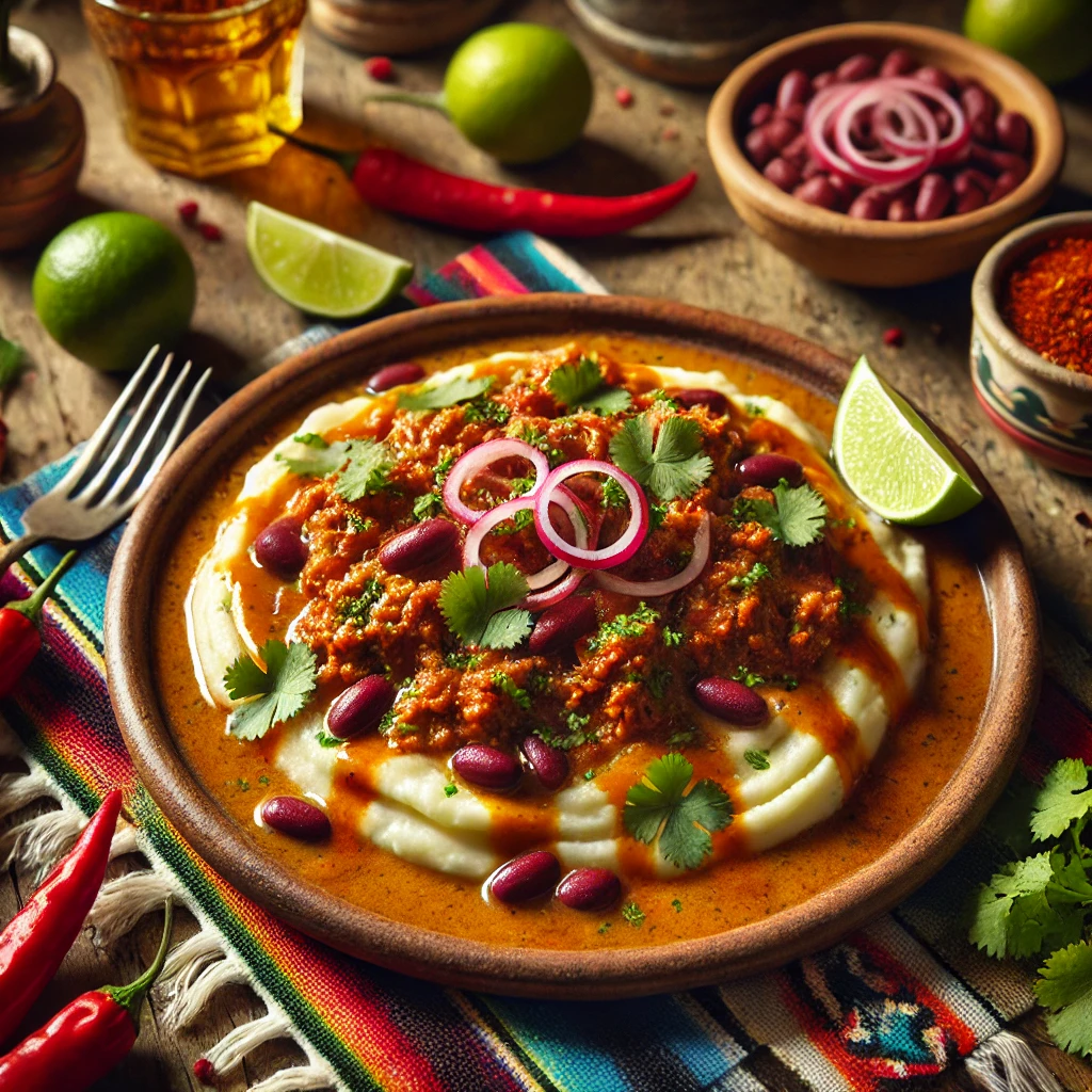 Een Mexicaans geïnspireerde presentatie van Boerenhap, geserveerd op een rustieke aardewerken schaal. Het gerecht bestaat uit romige aardappelpuree, gekruid gehakt, rode kidneybonen en een rijke jus. De topping is afgewerkt met verse koriander, rauwe uisnippers en partjes limoen. De setting bevat kleurrijke Mexicaanse textielpatronen, een houten tafel en warme sfeerverlichting, wat zorgt voor een uitnodigende en feestelijke uitstraling. 🌶️🍲✨