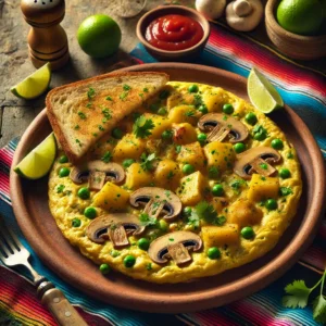 Een Mexicaans geรฏnspireerde presentatie van een boerenomelet met bieslook, geserveerd op een rustieke aardewerken schaal. De omelet is luchtig en gevuld met goudbruine aardappelblokjes, champignons, doperwten en bestrooid met verse bieslook en peterselie. Onder de omelet ligt een getoast sneetje brood, licht besmeerd met tomatenketchup. De garnering bestaat uit partjes limoen en koriander. De setting bevat kleurrijke Mexicaanse textielpatronen, een houten tafel en warm natuurlijk licht voor een uitnodigende sfeer. ๐ณ๐ฟโจ
