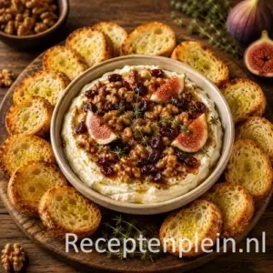 Borrel Brie Dip met Toastjes op een rustieke houten tafel