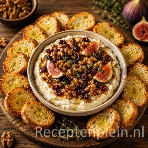 Borrel Brie Dip met Toastjes op een rustieke houten tafel