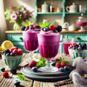 Een kleurrijke en verfrissende bosvruchten smoothie, geserveerd in elegante glazen. De smoothie heeft een levendige paarse kleur, met een topping van bessenpuree en gegarneerd met verse bosvruchten en een takje munt. De glazen staan op een rustieke houten tafel in een gezellige keuken met pastelgroene en blauwe kastjes en zacht natuurlijk licht. Details zoals een schaaltje verse bessen, een schijfje citroen en een lichte strooiing poedersuiker versterken de zomerse sfeer.