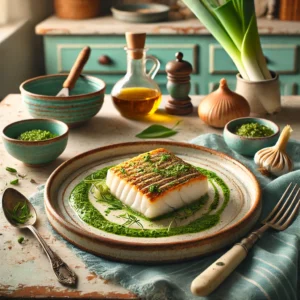 Een gastronomische presentatie van botervis met een romige prei-pesto saus, geserveerd op een rustiek keramisch bord. De botervis is perfect gebakken, goudbruin en schilferig. Het bord is gegarneerd met een groene saus van pesto en prei en verse kruiden. De setting toont een gezellige keuken met houten werkbladen, pastelgroene en blauwe kastjes, en zacht natuurlijk licht dat door een raam valt. Details zoals een schaaltje pesto, verse prei en rustiek keukengerei versterken de uitnodigende en verfijnde sfeer.