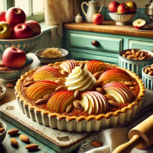 Een uitnodigende en elegante foto van een luxe Bourgondische Franse appeltaart. De taart heeft een boterachtige, goudbruine korst en is gevuld met dunne laagjes appel, afgetopt met rode praline-amandelen voor een luxe uitstraling. Geserveerd op een rustieke keramische schaal met een toef verse slagroom. De setting toont een gezellige keuken met houten werkbladen, pastelgroene en blauwe kastjes, en zacht natuurlijk licht dat door een raam valt. Details zoals een deegroller, een schaal met appels en een potje pralines versterken de verfijnde en warme sfeer.