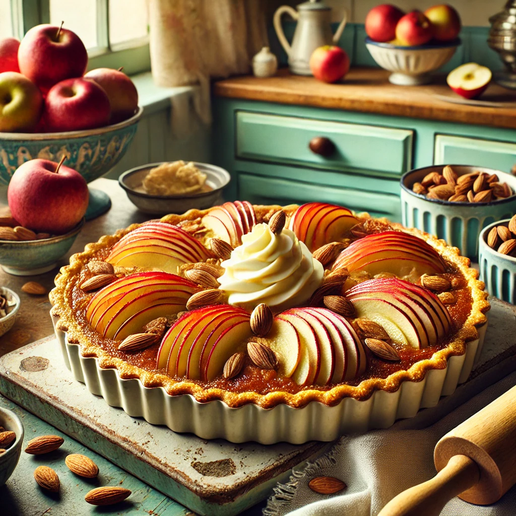 Een uitnodigende en elegante foto van een luxe Bourgondische Franse appeltaart. De taart heeft een boterachtige, goudbruine korst en is gevuld met dunne laagjes appel, afgetopt met rode praline-amandelen voor een luxe uitstraling. Geserveerd op een rustieke keramische schaal met een toef verse slagroom. De setting toont een gezellige keuken met houten werkbladen, pastelgroene en blauwe kastjes, en zacht natuurlijk licht dat door een raam valt. Details zoals een deegroller, een schaal met appels en een potje pralines versterken de verfijnde en warme sfeer.