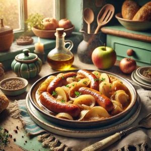 Een rustieke en hartige foto van braadworst, bereid met witte wijn, uien en appels, geserveerd op een keramisch bord. Het gerecht toont goudbruine braadworsten in een hartige saus van gekarameliseerde uien en plakjes appel. De setting toont een gezellige keuken met houten werkbladen, pastelgroene en blauwe kastjes en zacht natuurlijk licht dat door een raam valt. Details zoals een schaaltje kruiden, een knapperig brood en rustiek keukengerei versterken de uitnodigende en huiselijke sfeer.