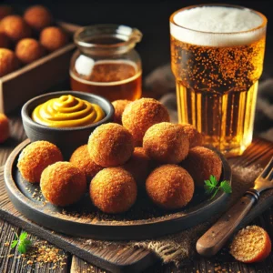 Knapperige bitterballen gevuld met Brabantse bloedworst, geserveerd op een houten plank met een schaaltje mosterd en een glas blond bier, gepresenteerd op een donker houten tafel in warm natuurlijk licht, met kruimels en verse kruiden voor een rustieke uitstraling.