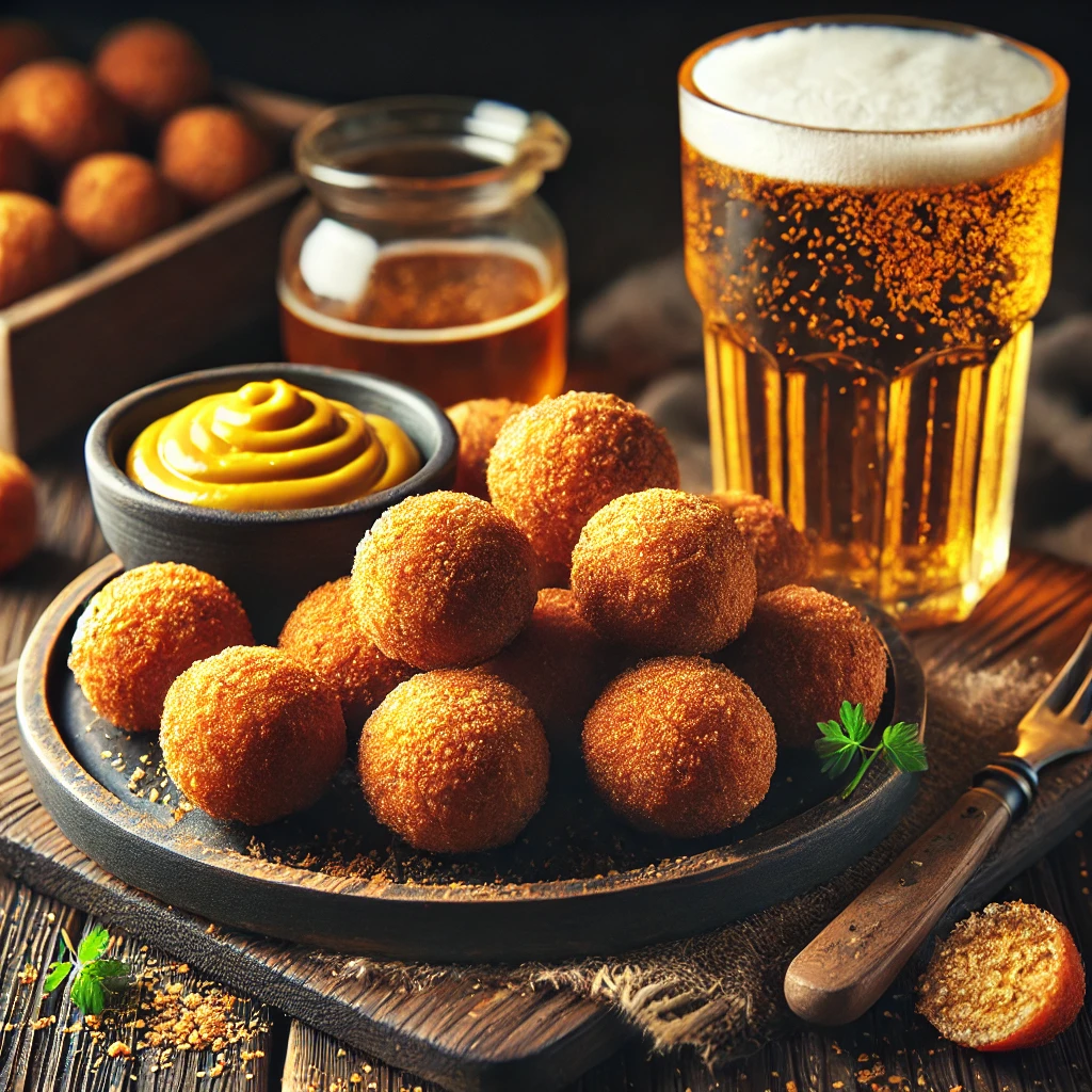 Knapperige bitterballen gevuld met Brabantse bloedworst, geserveerd op een houten plank met een schaaltje mosterd en een glas blond bier, gepresenteerd op een donker houten tafel in warm natuurlijk licht, met kruimels en verse kruiden voor een rustieke uitstraling.