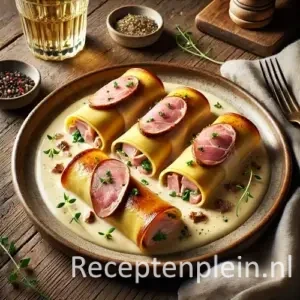 Hyper-realistische foodfoto van cannelloni gevuld met romige kip en omwikkeld met Gandaham, geserveerd op een rustiek keramisch bord met lichte roomsaus op een houten tafel. De cannellonibuisjes zijn licht goudbruin gebakken en afgewerkt met dunne, glanzende plakjes rauwe eendenlever en verse kruiden. Op tafel staan een sauskommetje, een glas witte wijn en een linnen servet, warm natuurlijk belicht in een elegante gastronomische setting.