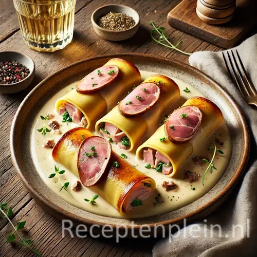 Hyper-realistische foodfoto van cannelloni gevuld met romige kip en omwikkeld met Gandaham, geserveerd op een rustiek keramisch bord met lichte roomsaus op een houten tafel. De cannellonibuisjes zijn licht goudbruin gebakken en afgewerkt met dunne, glanzende plakjes rauwe eendenlever en verse kruiden. Op tafel staan een sauskommetje, een glas witte wijn en een linnen servet, warm natuurlijk belicht in een elegante gastronomische setting.