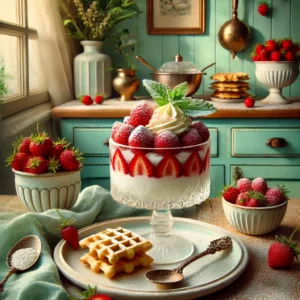 Een luxueuze en elegante foto van een dessert met bosaardbeitjes en champagnebavarois. Het gerecht is gelaagd met bosaardbeitjes en knapperige zandkoekjes, overgoten met een champagne-sabayon. Een met poedersuiker bestoven wafel ligt sierlijk aan de zijkant, gegarneerd met verse muntblaadjes. De setting toont een gezellige vintage keuken met houten werkbladen, pastelgroene en blauwe kastjes, en zacht natuurlijk licht dat door een raam valt. Details zoals een schaaltje bosaardbeitjes, poedersuiker en rustiek keukengerei versterken de uitnodigende en verfijnde sfeer.