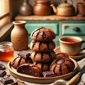 Een warme en uitnodigende foto van chocolade Bretonse eierkoeken, geserveerd op een rustiek keramisch bord. De eierkoeken zijn goudbruin met stukjes donkere chocolade, licht knapperig aan de buitenkant en zacht van binnen. De setting toont een vintage keuken met houten werkbladen, pastelgroene en blauwe kastjes, en zacht natuurlijk licht dat door een raam valt. Details zoals een potje abrikozenjam, een kopje thee en rustieke bakgereedschappen zoals een garde en deegroller versterken de gezellige sfeer.