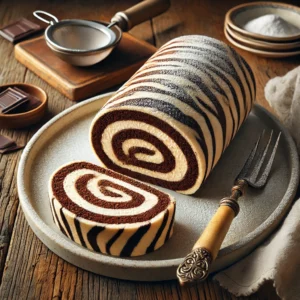 Een elegante Chocolade Tijgerrol met een luchtige biscuit en een romige roomkaasvulling, geserveerd op een rustieke houten tafel. De chocoladestrepen creëren een opvallend tijgerpatroon op de zachte cake, die in mooie plakken is gesneden om de rijke vulling te onthullen. De rol is licht bestoven met poedersuiker voor een verfijnde afwerking. Op de achtergrond liggen extra plakken van de tijgerrol, een kommetje gesmolten chocolade en een fijn zeefje. De warme, natuurlijke belichting benadrukt de zachte texturen en rijke smaken van dit feestelijke dessert.