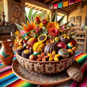Een feestelijke Mexicaanse chocoladeschaal, prachtig gevormd van getempereerde chocolade. De schaal is gevuld met bonbons, verse tropische vruchten zoals mango- en papajaschijfjes, en kleurrijke eetbare bloemen. De tafel is gedecoreerd met levendige Mexicaanse textiel, handgeschilderde keramische borden en een kleine aardewerken kruik met agua fresca. De achtergrond toont een rustieke Mexicaanse keuken met terracottategels, kleurrijke decoraties en natuurlijk zonlicht voor een vrolijke en levendige sfeer.