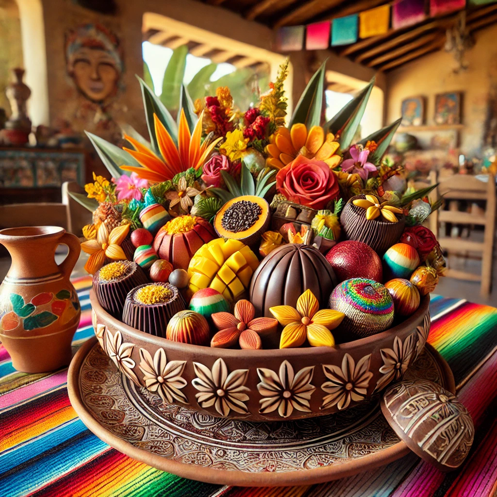 Een feestelijke Mexicaanse chocoladeschaal, prachtig gevormd van getempereerde chocolade. De schaal is gevuld met bonbons, verse tropische vruchten zoals mango- en papajaschijfjes, en kleurrijke eetbare bloemen. De tafel is gedecoreerd met levendige Mexicaanse textiel, handgeschilderde keramische borden en een kleine aardewerken kruik met agua fresca. De achtergrond toont een rustieke Mexicaanse keuken met terracottategels, kleurrijke decoraties en natuurlijk zonlicht voor een vrolijke en levendige sfeer.
