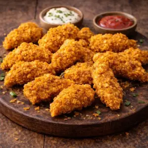 Goudbruine kipstukjes met een krokant jasje van verkruimelde Bugles Nacho Cheese, geserveerd op een rustieke houten plank met twee dips: een romige saus met bieslook en een pittige rode saus. Perfect als borrelhapje.