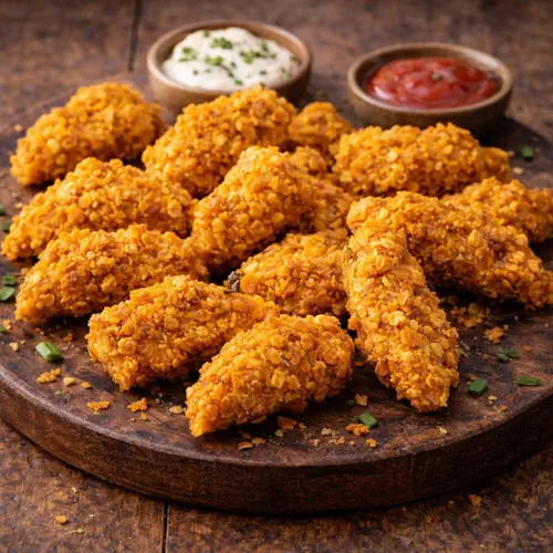 Goudbruine kipstukjes met een krokant jasje van verkruimelde Bugles Nacho Cheese, geserveerd op een rustieke houten plank met twee dips: een romige saus met bieslook en een pittige rode saus. Perfect als borrelhapje.