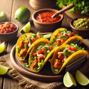 Een rustieke houten tafel met knapperige chili chicken mini tacos, gevuld met pittige gekruide kip, verse sla, tomatenblokjes en een romige saus. Ernaast liggen limoenpartjes, een schaaltje salsa en een snufje gehakte koriander.
