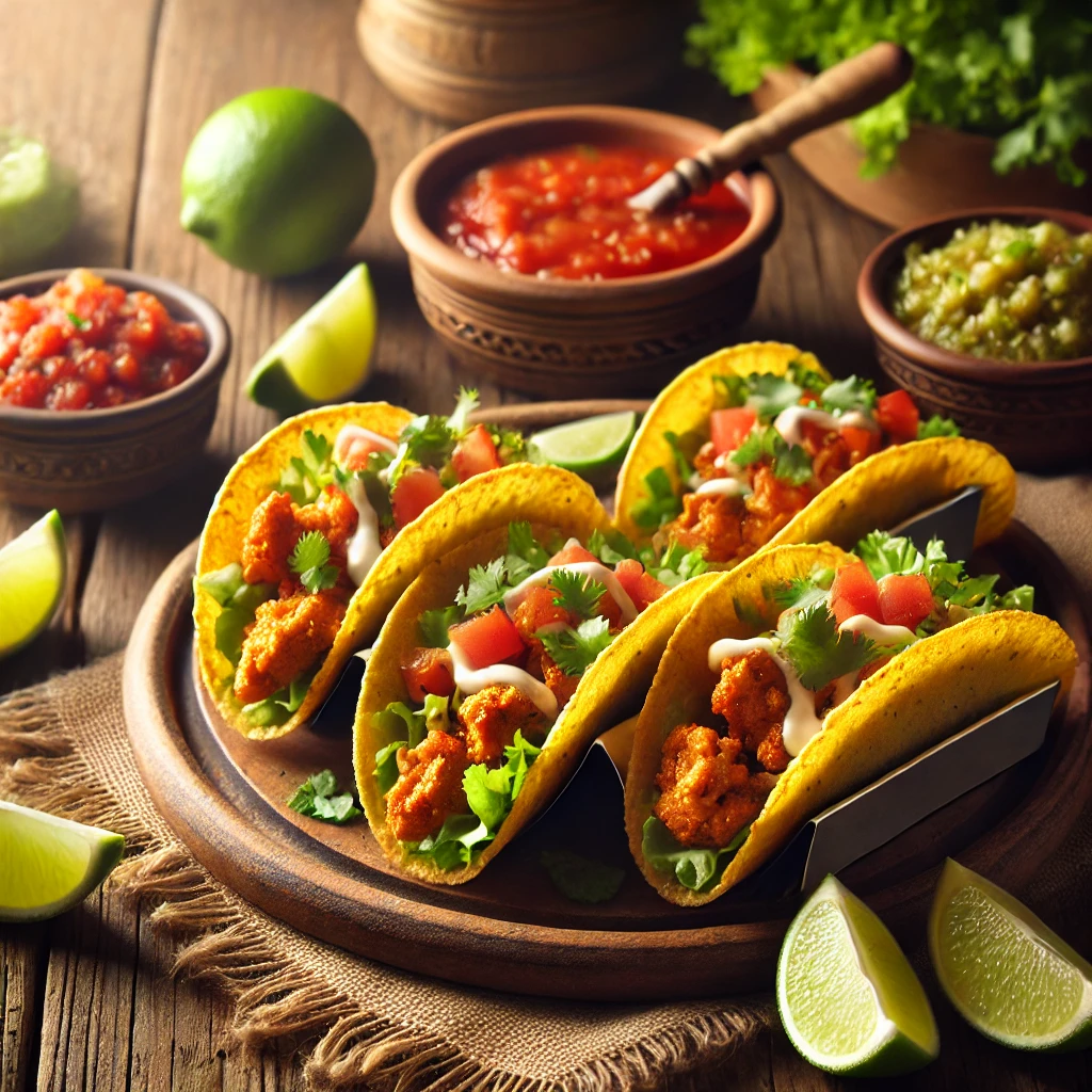 Een rustieke houten tafel met knapperige chili chicken mini tacos, gevuld met pittige gekruide kip, verse sla, tomatenblokjes en een romige saus. Ernaast liggen limoenpartjes, een schaaltje salsa en een snufje gehakte koriander.