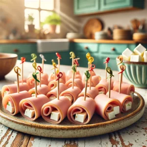 Een close-up foto van eenvoudige en elegante hapjes gemaakt van boterhamworst, gevuld met blokjes fetakaas en vastgezet met kleurrijke prikkertjes. De rolletjes zijn netjes gerangschikt op een rustiek keramisch bord. De setting toont een gezellige keuken met houten werkbladen, pastelgroene en blauwe kastjes en zacht natuurlijk licht. Details zoals een schaaltje met fetablokjes en extra prikkertjes creëren een feestelijke en uitnodigende sfeer.
