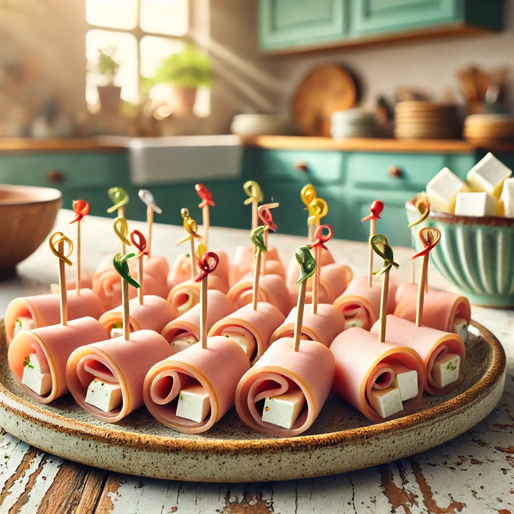 Een close-up foto van eenvoudige en elegante hapjes gemaakt van boterhamworst, gevuld met blokjes fetakaas en vastgezet met kleurrijke prikkertjes. De rolletjes zijn netjes gerangschikt op een rustiek keramisch bord. De setting toont een gezellige keuken met houten werkbladen, pastelgroene en blauwe kastjes en zacht natuurlijk licht. Details zoals een schaaltje met fetablokjes en extra prikkertjes creëren een feestelijke en uitnodigende sfeer.