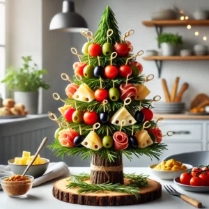 Een stevige kerstboom van hapjes met een brede, stabiele basis, versierd met cherrytomaten, groene en zwarte olijven, kaasblokjes en prosciutto, en met rozemarijntakjes als decoratieve 'takken.' Geplaatst op een feestelijke tafel in een moderne keu