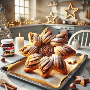 Een feestelijke, goudbruine kerstster van bladerdeeg gevuld met Nutella en speculoospasta, licht bestoven met poedersuiker. Gepresenteerd op een bakplaat in een moderne, lichte keuken met subtiele kerstdecoraties en natuurlijke lichtinval die de knapperige textuur benadrukt.