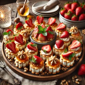 Feestelijke MonChou hapjes op een rustieke houten tafel, gegarneerd met verse aardbeien, honing en muntblaadjes.