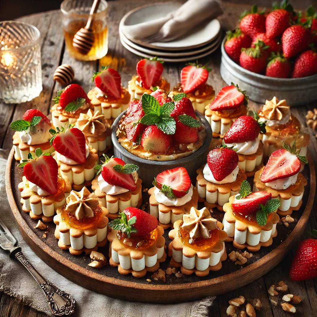Feestelijke MonChou hapjes op een rustieke houten tafel, gegarneerd met verse aardbeien, honing en muntblaadjes.