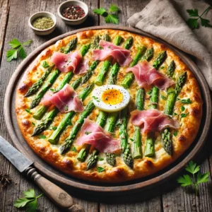 Een knapperige, goudbruine Flammkuchen met een romige laag crème fraîche, belegd met heldergroene asperges, dunne plakken serranoham en fijngehakt hardgekookt ei. Verse peterselie zorgt voor een kleurrijke finishing touch. De Flammkuchen ligt op een rustieke houten tafel, met een linnen servet, een vintage mes en een schaaltje extra kruiden. Zachte natuurlijke verlichting benadrukt de knapperige korst en de frisse kleuren van de toppings.