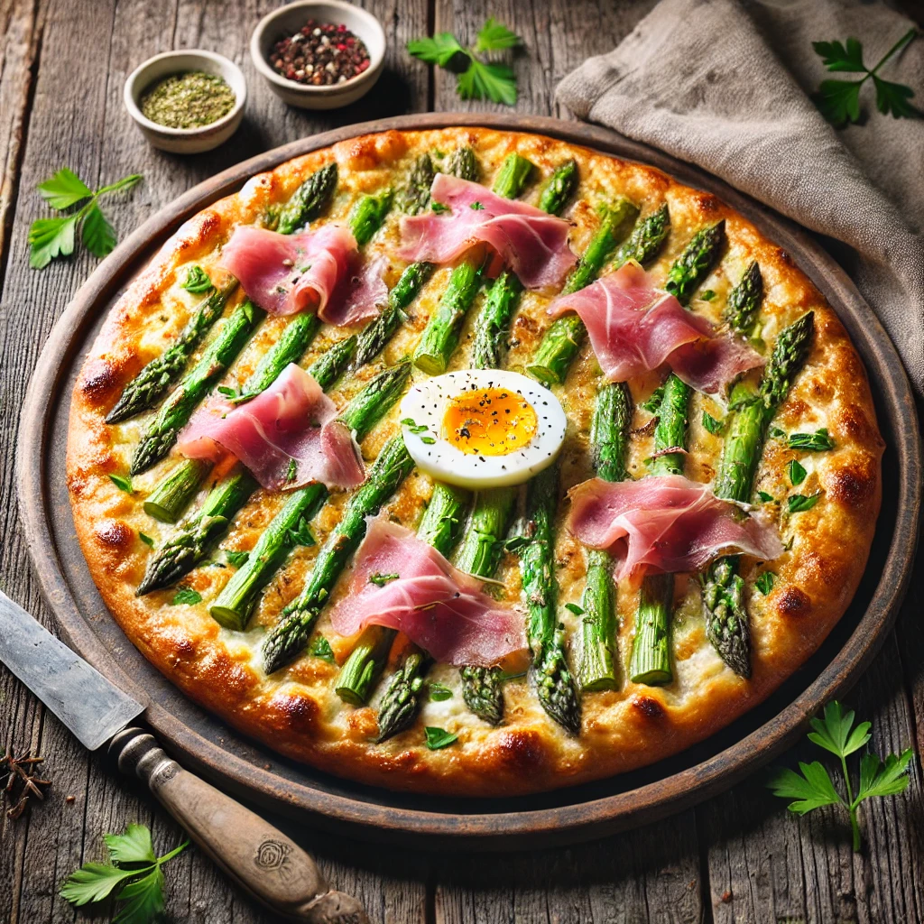 Een knapperige, goudbruine Flammkuchen met een romige laag crème fraîche, belegd met heldergroene asperges, dunne plakken serranoham en fijngehakt hardgekookt ei. Verse peterselie zorgt voor een kleurrijke finishing touch. De Flammkuchen ligt op een rustieke houten tafel, met een linnen servet, een vintage mes en een schaaltje extra kruiden. Zachte natuurlijke verlichting benadrukt de knapperige korst en de frisse kleuren van de toppings.