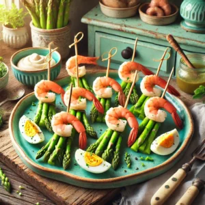 Een elegante en kleurrijke foto van Franse garnaal-asperge hapjes, geserveerd op een rustieke keramische schaal. De spiesjes bestaan uit een gekookte garnaal, een groene aspergepunt en een halve hardgekookte ei, gegarneerd met een klein toefje mayonaise. De schaal staat in een gezellige keuken met houten werkbladen, pastelgroene en blauwe kastjes, en zacht natuurlijk licht dat door een raam valt. Details zoals verse asperges, een schaaltje mayonaise en rustieke keukengerei versterken de uitnodigende en feestelijke sfeer.