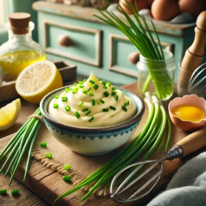 Een levendige en elegante foto van frisse bieslookmayonaise, geserveerd in een kleine rustieke kom. De mayonaise is romig en lichtgeel, gegarneerd met fijngehakte bieslook. Rondom liggen ingrediënten zoals verse bieslook, een schijfje citroen en een ei. De setting toont een houten keukenblad in vintage stijl, met pastelgroene en blauwe kastjes en zacht natuurlijk licht dat door een raam valt. Rustieke keukengerei zoals een garde dragen bij aan de warme en uitnodigende sfeer.