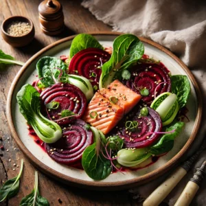 Frisse bietensalade met zalm en paksoi, geserveerd op een rustieke houten tafel, gegarneerd met sesamzaad en een lichte citrusdressing.