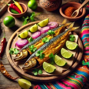 Een traditioneel Mexicaans geïnspireerde presentatie van gebakken haring, geserveerd op een rustieke houten plank. De goudbruin gebakken vis is gegarneerd met levendige limoenpartjes, verse koriander en kleurrijke plakjes rode ui. De setting bevat felgekleurde Mexicaanse textielpatronen, een paar chilipepers en een rustiek aardewerken bord, allemaal sfeervol belicht door warm natuurlijk licht. 🌶️🍋🐟✨