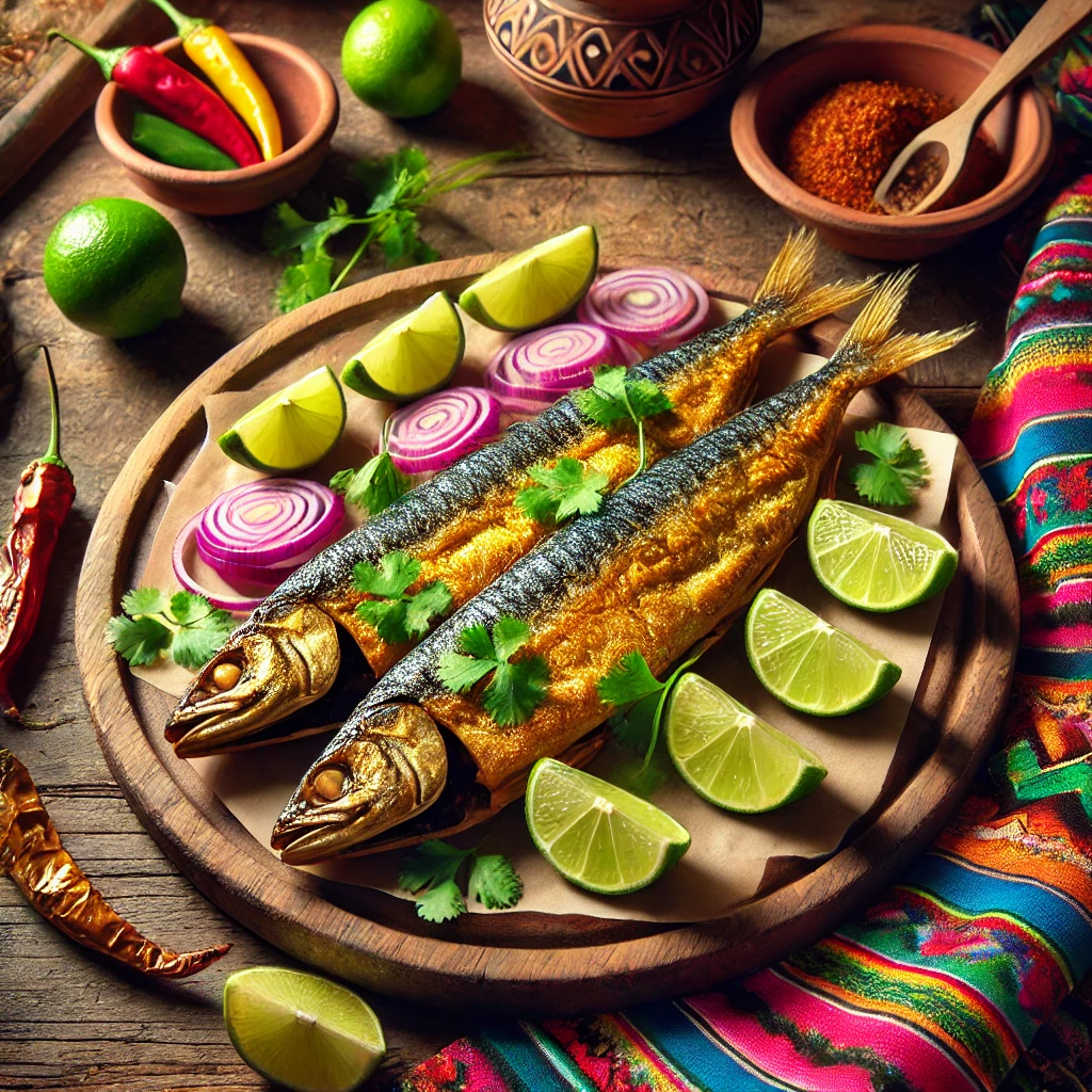 Een traditioneel Mexicaans geïnspireerde presentatie van gebakken haring, geserveerd op een rustieke houten plank. De goudbruin gebakken vis is gegarneerd met levendige limoenpartjes, verse koriander en kleurrijke plakjes rode ui. De setting bevat felgekleurde Mexicaanse textielpatronen, een paar chilipepers en een rustiek aardewerken bord, allemaal sfeervol belicht door warm natuurlijk licht. 🌶️🍋🐟✨