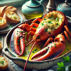 Een elegante en smakelijke foto van gegratineerde kreeft met kruiden, geserveerd in de schaal. De kreeft is in de lengte doormidden gesneden, royaal bestreken met gesmolten knoflookboter en Provençaalse kruiden, en gegrild tot een goudbruine afwerking. Het gerecht wordt gepresenteerd op een rustiek keramisch bord, met sneetjes stokbrood en een garnering van verse peterselie. De setting is een houten tafel in een vintage keuken met zacht natuurlijk licht dat door een raam valt, en decor in blauwe en groene tinten voor een warme, uitnodigende sfeer.
