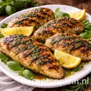 Gegrilde basilicumkipfilets met pesto en citroenpartjes op een wit keramisch bord, geserveerd op een rustieke houten tafel met verse basilicumblaadjes, kruiden en een linnen doek bij warm natuurlijk licht.