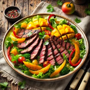 Een smaakvolle gegrilde biefstuksalade met mango en paprika, geserveerd op een rustieke houten tafel met natuurlijke belichting en vintage bestek.