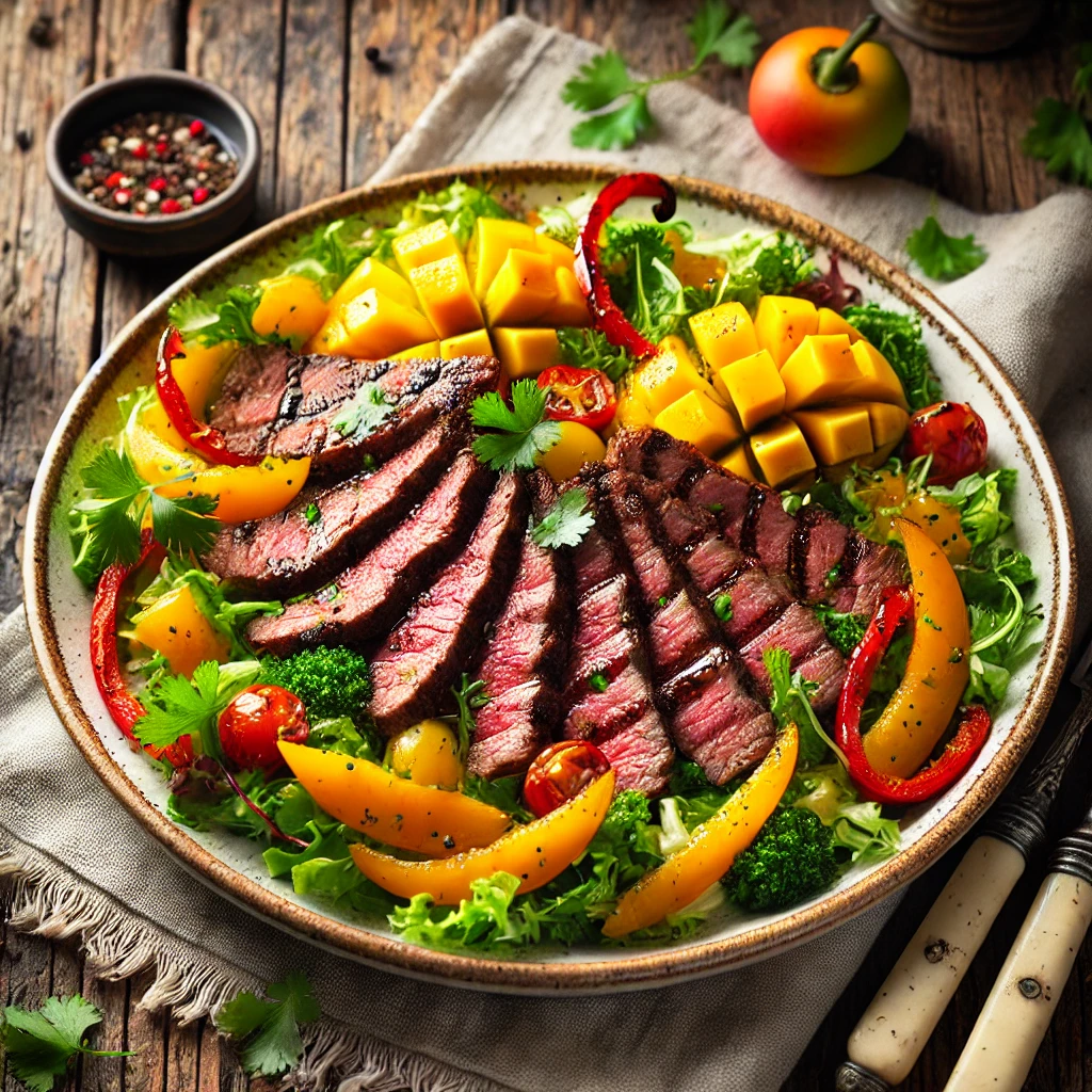 Een smaakvolle gegrilde biefstuksalade met mango en paprika, geserveerd op een rustieke houten tafel met natuurlijke belichting en vintage bestek.
