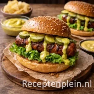 Gegrilde frikandellenburger met augurkcurrysaus op een sesambroodje met sla en augurkplakjes, gepresenteerd op een houten serveerplank op een rustieke houten tafel met schaaltjes saus en chips bij warm natuurlijk licht.