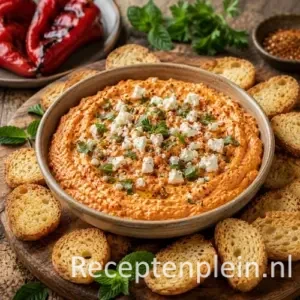 Gegrilde Paprika Feta Dip op een rustieke houten tafel