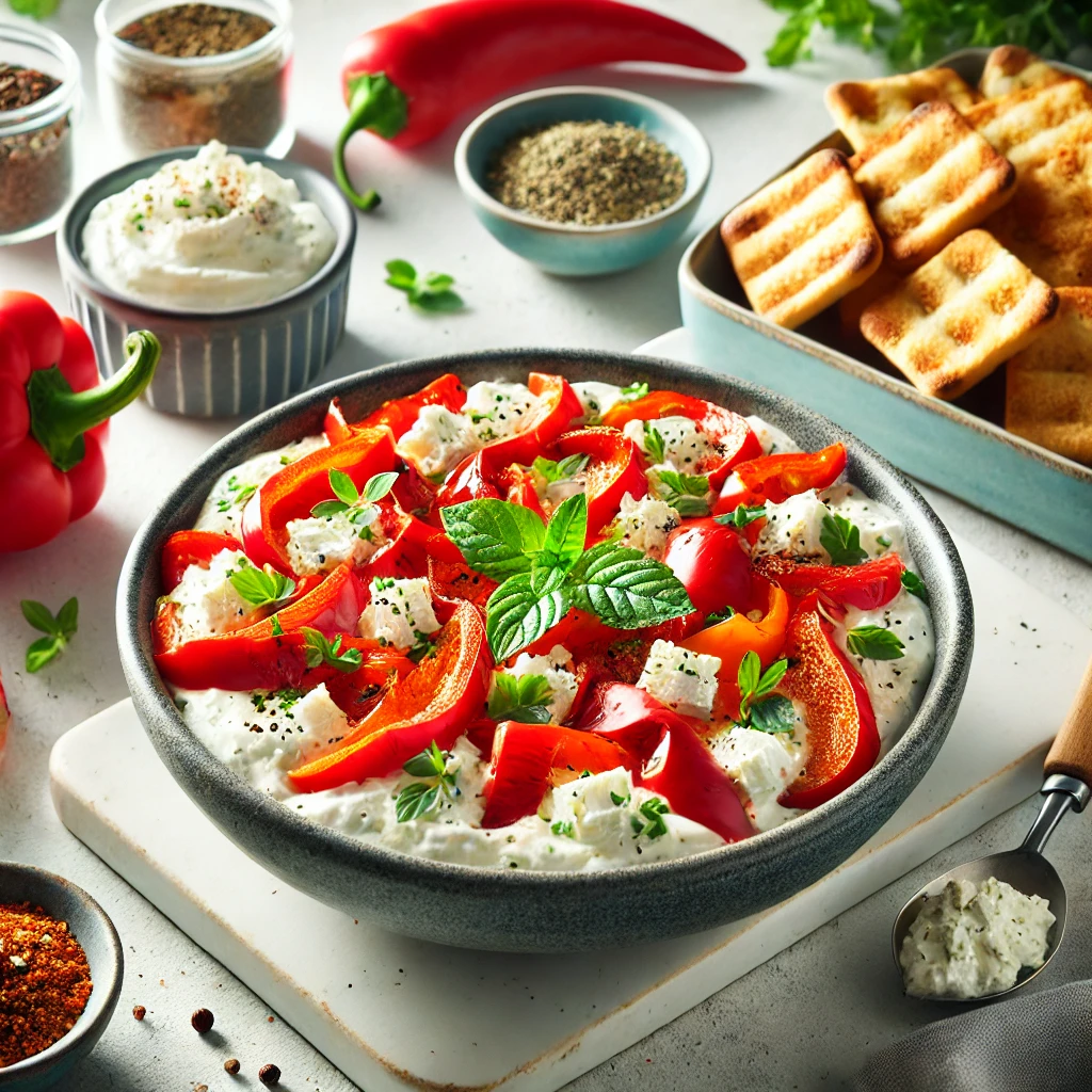 Gegrilde Paprika Feta Dip met Knapperige Toastjes