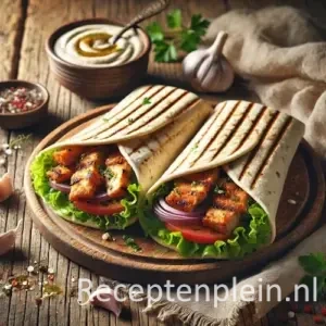 Hyper-realistische foodfoto van gegrilde shoarma wraps gevuld met gekruide kip, sla, tomaat en rode ui, geserveerd op een ronde houten plank op een rustieke houten tafel met een schaaltje huisgemaakte knoflooksaus, knoflooktenen, kruiden en linnen doek in warm natuurlijk licht.