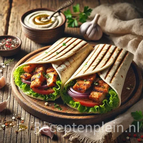 Hyper-realistische foodfoto van gegrilde shoarma wraps gevuld met gekruide kip, sla, tomaat en rode ui, geserveerd op een ronde houten plank op een rustieke houten tafel met een schaaltje huisgemaakte knoflooksaus, knoflooktenen, kruiden en linnen doek in warm natuurlijk licht.