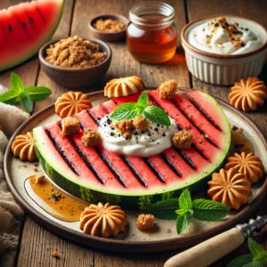 Een rustieke houten tafel met gegrilde watermeloen, gegarneerd met een romige toef mascarpone en verkruimelde kandijkoek. De watermeloen heeft mooie grillstrepen en is versierd met verse muntblaadjes. Ernaast liggen extra kandijkoekjes, een schaaltje mascarpone en een scheutje honing.