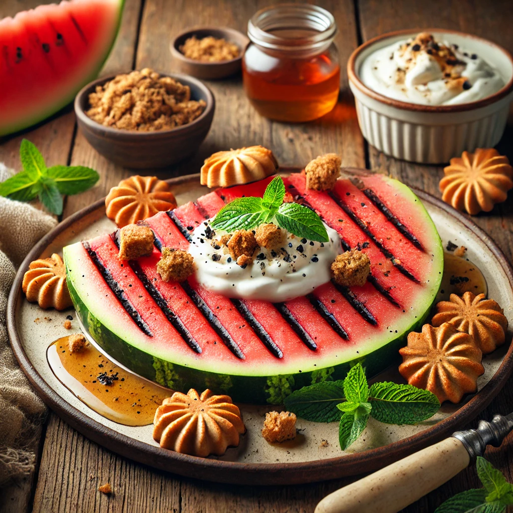 Een rustieke houten tafel met gegrilde watermeloen, gegarneerd met een romige toef mascarpone en verkruimelde kandijkoek. De watermeloen heeft mooie grillstrepen en is versierd met verse muntblaadjes. Ernaast liggen extra kandijkoekjes, een schaaltje mascarpone en een scheutje honing.