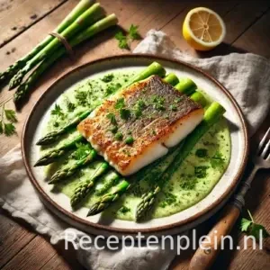 Griet met aspergeragout recept op een rustieke houten tafel